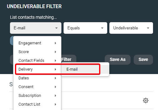 The parameters of a filter for undeliverable contacts are: 1 Delivery plus E-mail, 2 Equals, 3 Undeliverable.