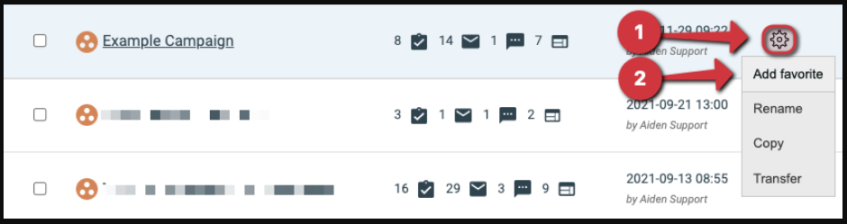 The Cogwheel is on the right side of the campaign's row and the first context menu item is "Add Favorite"
