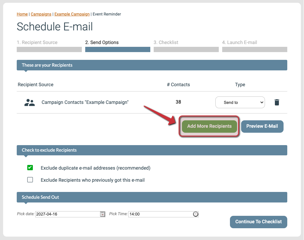 On the page for the second sendout step, click the Add More Recipients button to add the selection of contacts to block later