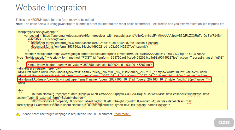 The form integration code with m-value and name-value highlighted